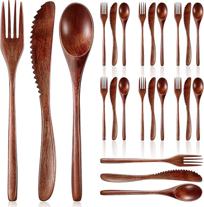 Geiserailie 24 Pcs Wooden Utensils for Eating Wooden Spoon Fork Knife Cutlery Set Kitchen Wood Dinner Flatware Tableware Set Includes Spoon, Fork, Knife by Geiserailie