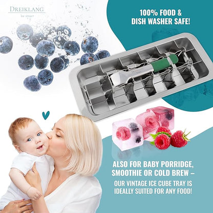 Stainless Steel Polished Ice Cube Tray for freezer with Lever Insert for Easy Release with cold-insulated comfort grip | Food-Safe & Durable Ice Cube Maker | Plastic-Free Large