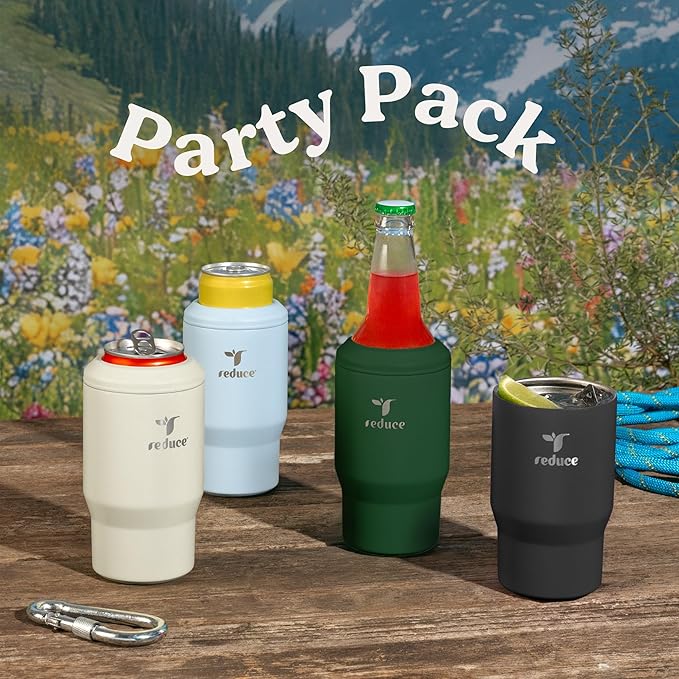 Reduce 4-in-1 Drink Cooler -Versatile Can & Bottle Holder with Vacuum Insulation-Keeps Drinks Cold Up to 4 Hours-Includes Bottle Opener-Fits Cupholders & Dishwasher Safe-14oz- Classic Coolers - 4 Pack