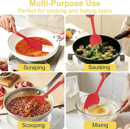 4 Pcs Silicone Spoon Spatula Set, 11.4 In, Food Grade Rubber Spatulas for Cooking, Baking, Mixing, 600°F Heat Resistant, Nonstick and Flexible Kitchen Utensils, Seamless Spoonula (Red)