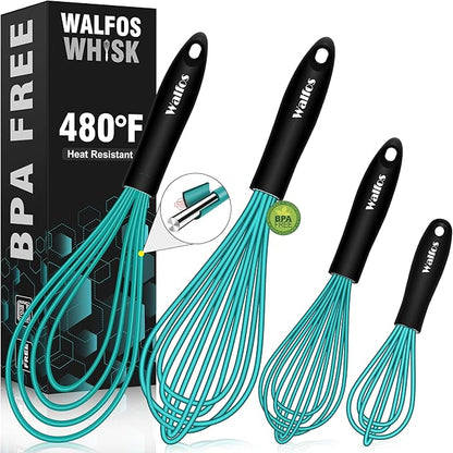 Walfos Silicone whisk,Whisks for Cooking Non Scratch, BPA Free whisk set of 4, 7+9+11in Balloon Whisks & 11in Flat Whisk, Heat Resistant(480°F).Great for Cooking in Pans, Baking, Whisking.Blue by Walfos