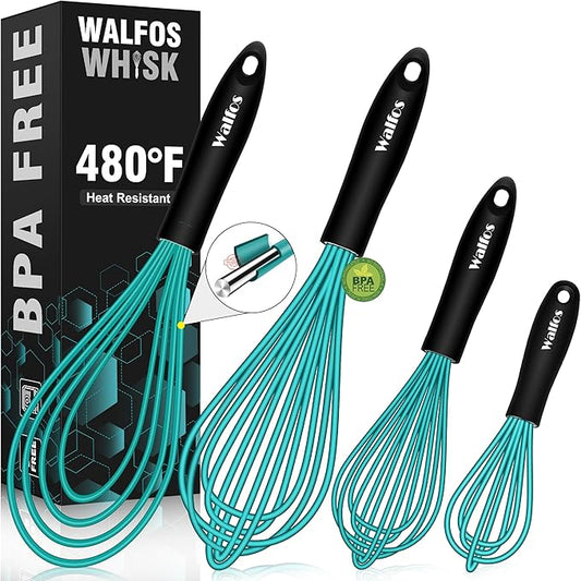 Walfos Silicone whisk,Whisks for Cooking Non Scratch, BPA Free whisk set of 4, 7+9+11in Balloon Whisks & 11in Flat Whisk, Heat Resistant(480°F).Great for Cooking in Pans, Baking, Whisking.Blue by Walfos
