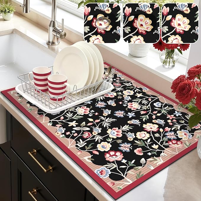LOKHOM Floral Dish Drying Mat, 18"x24" Super Absorbent Non-slip Bordered Coffee Mat with Oil Painting Black Floral, Cuttable Hide Stain Drying Mat for Kitchen Counter Coffee Maker Espresso Machine by LOKHOM