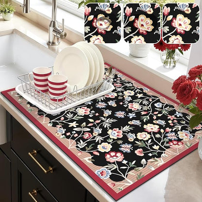 LOKHOM Floral Dish Drying Mat, 18"x24" Super Absorbent Non-slip Bordered Coffee Mat with Oil Painting Black Floral, Cuttable Hide Stain Drying Mat for Kitchen Counter Coffee Maker Espresso Machine by LOKHOM