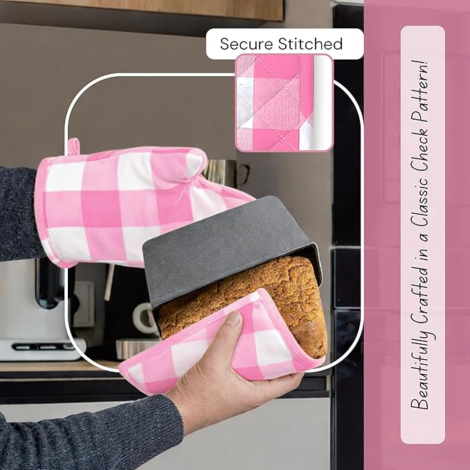 Native Fab Buffalo Plaid Check Oven Mitts and Pot Holders Set of 4, 100% Cotton Heat Resistant Kitchen Gloves, 2 Oven Mitts (7x13), 2 Pot Holders (8x8) for Cooking & Baking, Pink White - Image 3