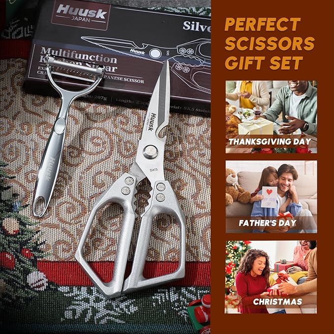HUUSK Kitchen Scissors and Vegetable Peeler Set - Silver Stainless Steel Cooking Kitchen Shears for Food with Serrated Peeler, Heavy Duty Japanese Dishwasher Safe Meat Scissors, Gift for Men - Image 7