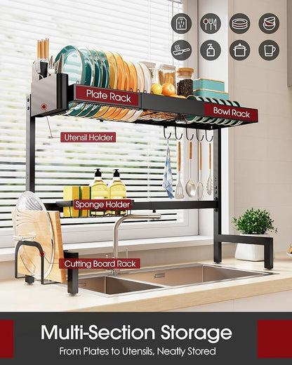 Sakugi Over The Sink Dish Drying Rack, Expandable 2-Tier Stainless Steel Kitchen Storage Organization Accessories for Countertop, Rustproof & Space-Saving, 30"–34.5" L x 12" W x 25" H, Black - Image 2