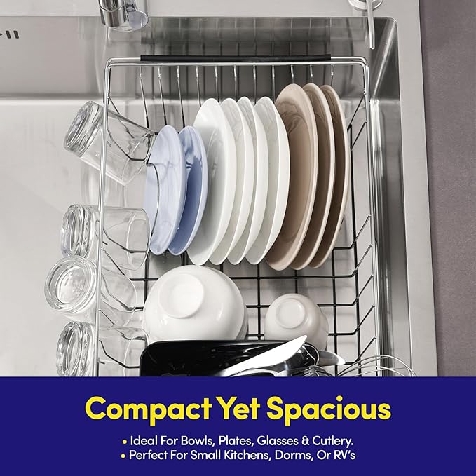 Dish Drying Rack Over The Sink Expandable to 24.5" Dish Drainer — Space-Saving Rectangular Kitchen Extending Drying Station with Utensil Holder, Fits Most Sinks for Easy Dish Organization, Black - Image 6