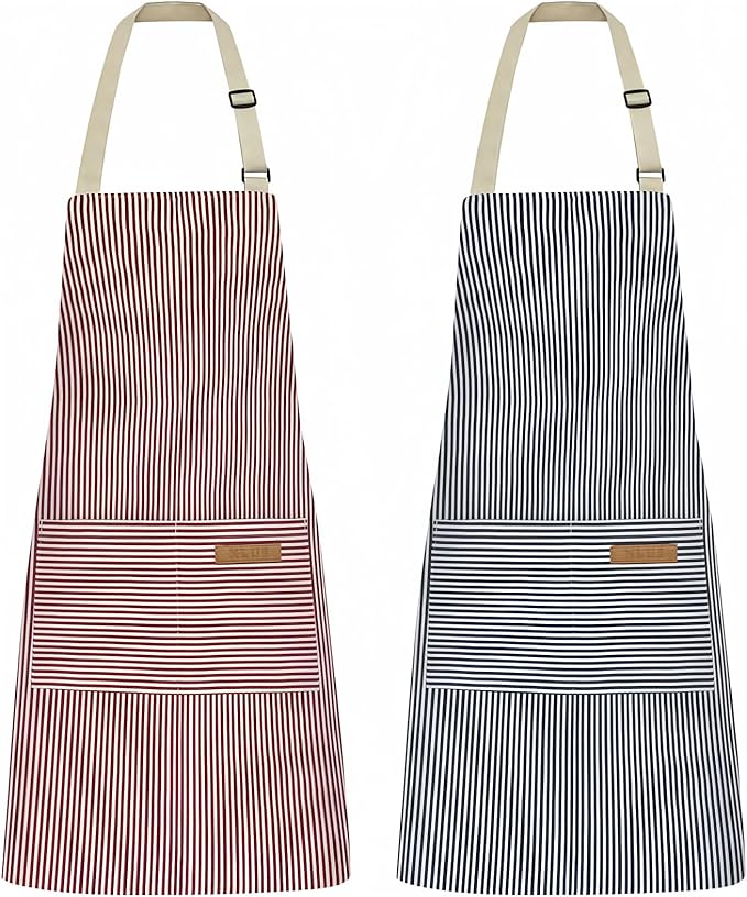 NLUS 2 Pack Kitchen Cooking Aprons, Adjustable Bib Soft Chef Apron with 2 Pockets for Men Women (Blue Pinstripes/Pink Pinstripes) by NLUS