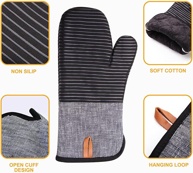 4PCS TIPTAP Oven Mitts, Kitchen Oven Mitts Set, Non Slip Cotton Oven Mitt and Pot Holders,Heat Resistant, Machine Washable,2 Long Mit and 2 Pot Holder(Black) - Image 4