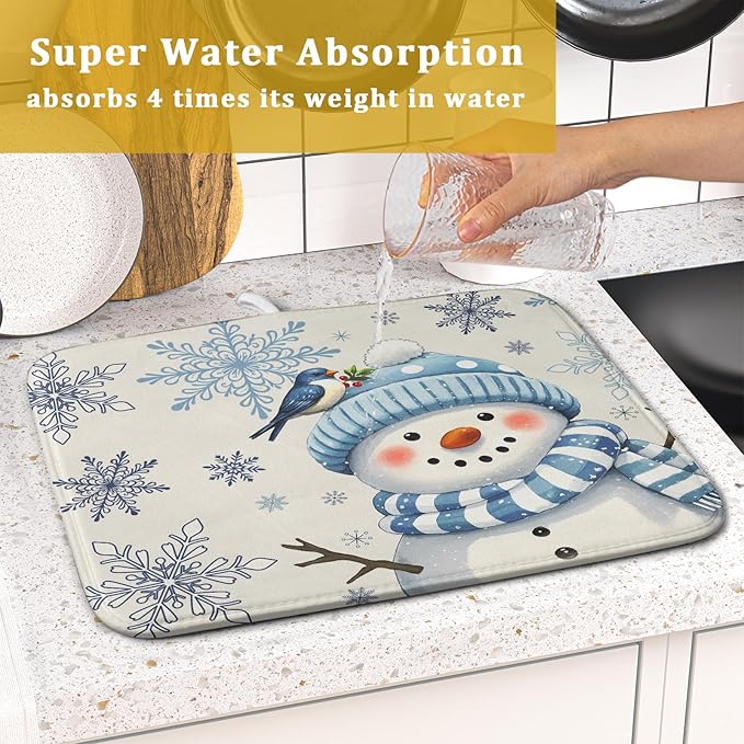 Winter Snowman Dish Drying Mat for Kitchen Counter 16x18 Blue Snowflake Bird Christmas Holiday Absorbent Reversible Microfiber Drying Mats Kitchen Countertop Protector Dishes Drainer Rack Pad - Image 7