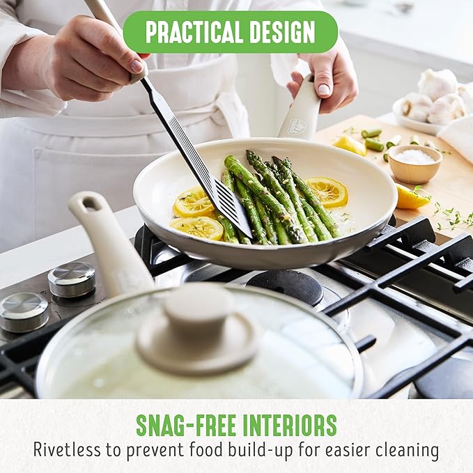 GreenLife 16 Piece Nonstick Cookware Set, Soft Grip Non-Toxic PFAS-Free Ceramic Pots & Pans, Dishwasher & Oven Safe, Frying, Sauce, Saute, Utensils, Glass Lids, Stay-Cool Handles, Wobble Free, Taupe - Image 9