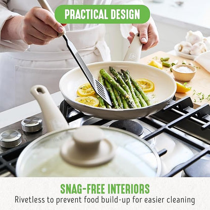 GreenLife 16 Piece Nonstick Cookware Set, Soft Grip Non-Toxic PFAS-Free Ceramic Pots & Pans, Dishwasher & Oven Safe, Frying, Sauce, Saute, Utensils, Glass Lids, Stay-Cool Handles, Wobble Free, Taupe - Image 9