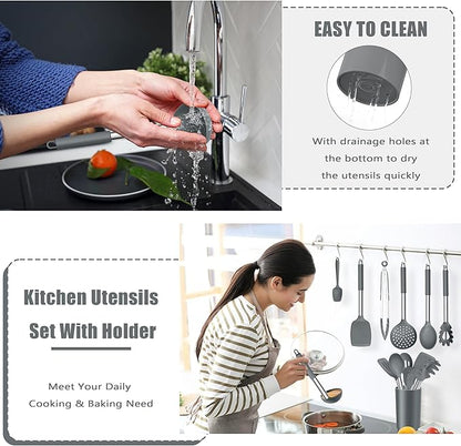 E-far 14 Pieces Silicone Cooking Utensils Set, Kitchen Utensils Set with Holder, Spatula, Ladle, Spoon, Tong, Slotted Turner for Nonstick Cookware, 446°F Heat Resistant & Stainless Steel Handle, Gray - Image 7
