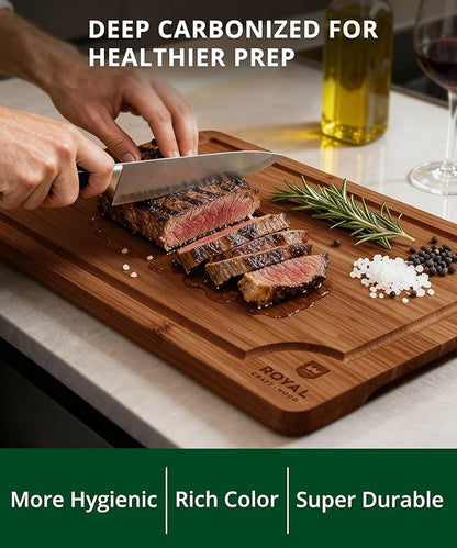 ROYAL CRAFT WOOD Wooden Cutting Boards for Kitchen Meal Prep & Serving - Bamboo Wood Serving Board Set with Deep Juice Groove Side Handles - Charcuterie & Chopping Butcher Block for Meat - Image 6