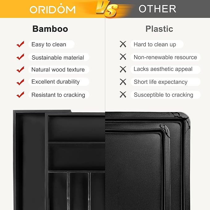 Large Premium Bamboo Silverware Organizer - Expandable Drawer Organizer & Utensil Organizer - 17"x19.7" Cutlery Tray with Dividers for Kitchen Utensils and Flatware (7-9 Slots) (Black) - Image 6
