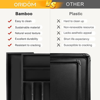 Large Premium Bamboo Silverware Organizer - Expandable Drawer Organizer & Utensil Organizer - 17"x19.7" Cutlery Tray with Dividers for Kitchen Utensils and Flatware (7-9 Slots) (Black) - Image 6