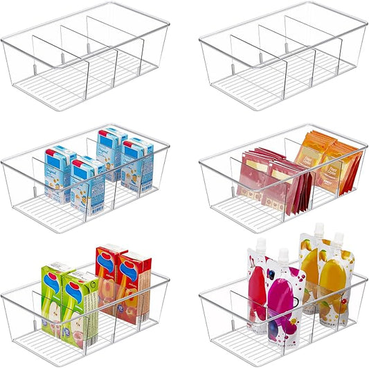 Vtopmart 6 Pack Food Storage Organizer Bins, Clear Plastic Bins for Pantry, Kitchen, Fridge, Cabinet Organization and Storage, 4 Compartment Holder Packets, Snacks, Pouches, Spice Packets by Vtopmart