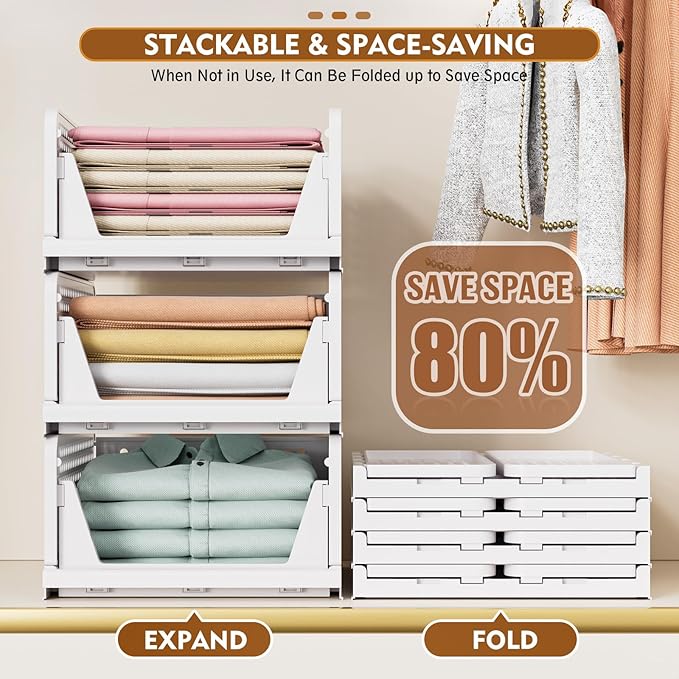 SNSLXH 8 Pack Stackable Closet Storage Bins, Multifunctional & Foldable Closet Organizers and Storage for Bathroom Kitchen Laundry Room Drawer Shelf Storage, Space-Saving Wardrobe Organizer, White - Image 4