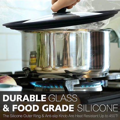 Anaeat Silicone Universal Lid for Pots, Pans and Skillets - Tempered Glass Covered with Heat Resistant Silicone Rim Fits All 7" to 12" Diameter Cookware -Easy to Use Replacement Frying Pan Cover