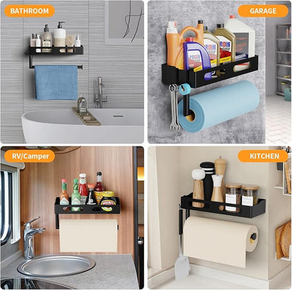 Paper Towel Holder Wall Mount for Kitchen, Paper Towel Holder with Shelf for Bathroom, RV Paper Towel Rack, Spice Rack with 2 Hooks,Matte Black