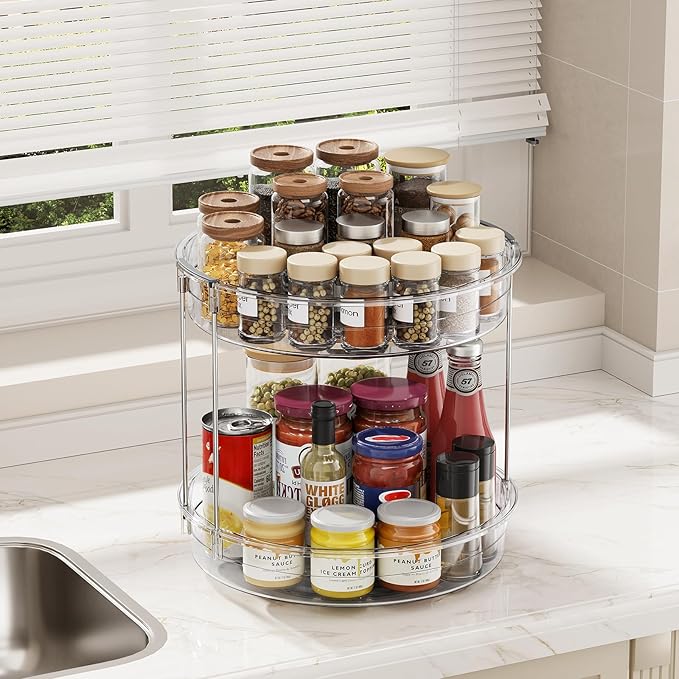LAMU 12inch 2 Tier Lazy Susan Turntable Organizer Rotating Spice Rack Organization for Cabinet, Kitchen, Pantry, Countertop, Bathroom, Vanity, Medicine Cabinet Organizer, Clear - Image 6