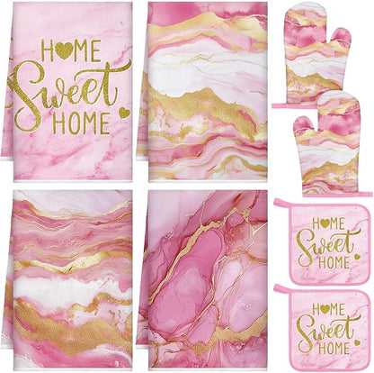 Leinuosen 8 Pcs Kitchen Towels and Dishcloths Sets Oven Mitts and Pot Holders Sets Absorbent Kitchen Gloves Potholders Heat Resistant for Chef Baking Cooking (Pink,Marble)