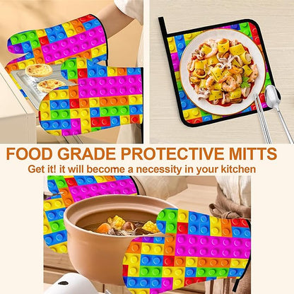 Autism Jigsaw Puzzle Oven Mitts & Potholder Set of 4 - Heat Resistant Kitchen Gloves Hot Pads for Baking, Cooking, Gifts for Women