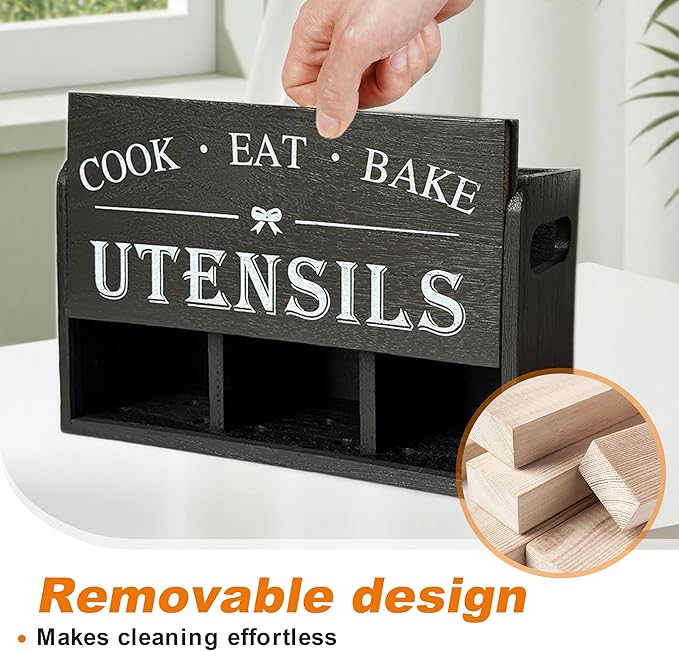 Wooden Kitchen Utensil Holder with 3 Compartments, Utensil Storage Organizer for Kitchen Counter, Farmhouse Decor & Rustic Cooking Tools Storage(Black) - Image 7
