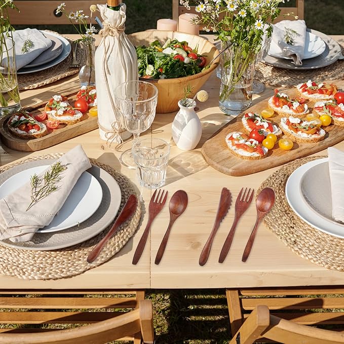 6 Pcs Wooden Utensils for Eating, Wooden Spoon Fork Cutlery Set Kitchen Wood Dinner Flatware Tableware Reusable Wood Spoon, Wooden Forks,Wooden Scraper for Travel and Camping - Image 5