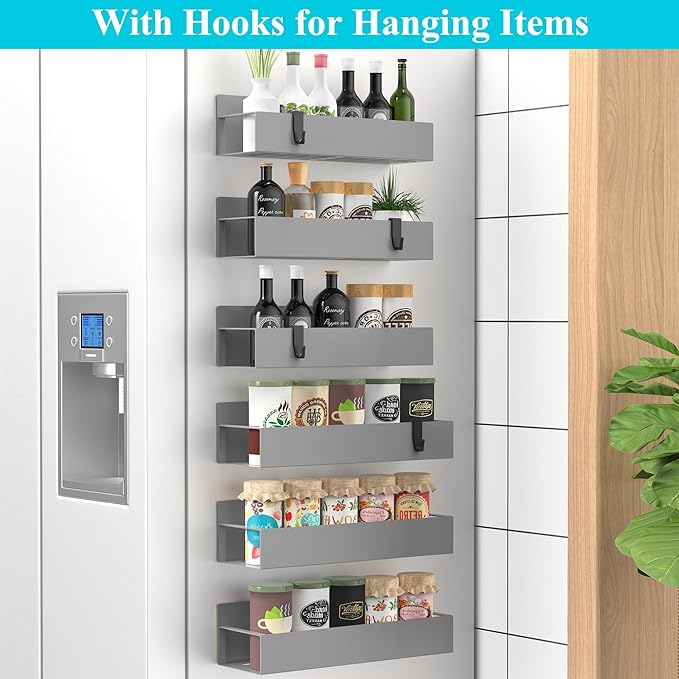 HuggieGems 6 Pack Magnetic Spice Storage Rack Organizer for Refrigerator and Oven, Gray Fridge Organizers and Storage - Image 2