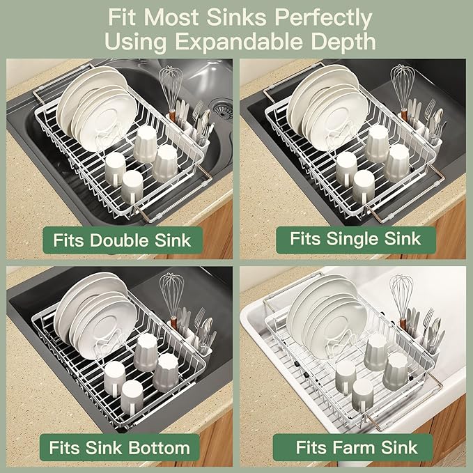 MAJALiS Dish Drying Rack Over The Sink, Expandable Stainless Steel Dish Drainer for Small Kitchen Counter Space Saving, RV Compact Plate Strainer in White Metal with Hanging Adjustable Utensil Holder - Image 4