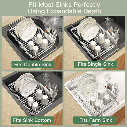 MAJALiS Dish Drying Rack Over The Sink, Expandable Stainless Steel Dish Drainer for Small Kitchen Counter Space Saving, RV Compact Plate Strainer in White Metal with Hanging Adjustable Utensil Holder - Image 4