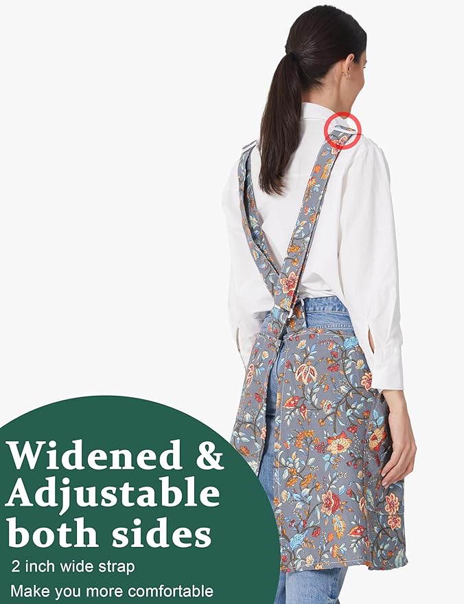 Cozy Adjustable Cross Back Aprons for Women with Pockets Cotton Linen Cooking Kitchen Baking
