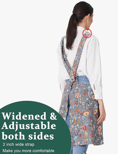 Cozy Adjustable Cross Back Aprons for Women with Pockets Cotton Linen Cooking Kitchen Baking