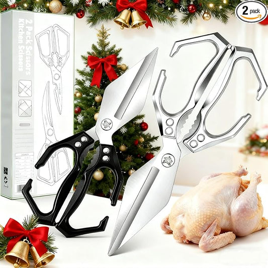 2-Piece Kitchen Scissors Set - Heavy Duty Poultry & Cooking Shears, High-Carbon Steel Meat Scissors for Chicken Bones/Seafood/Herbs, Ergonomic Handle Black & Silver