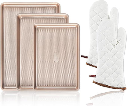 HONGBAKE 3 Pack Gold Nonstick Baking Sheet Pan Set with Oven Mitts Heat Resistant, Non-Toxic Half/Quarter/Jelly Roll Pans with Diamond Texture Pattern, Heavy Duty 0.8mm Thick Cookie Trays for Cooking by HONGBAKE