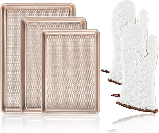 HONGBAKE 3 Pack Gold Nonstick Baking Sheet Pan Set with Oven Mitts Heat Resistant, Non-Toxic Half/Quarter/Jelly Roll Pans with Diamond Texture Pattern, Heavy Duty 0.8mm Thick Cookie Trays for Cooking by HONGBAKE