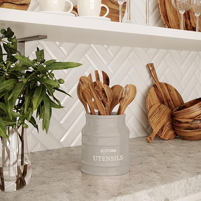 Barnyard Designs Ceramic Farmhouse Utensil Holder for Kitchen Counter, Large Rustic Utensil Crock, Countertop Cooking Tool Spatula Organizer, 6.75” (Taupe) - Image 6