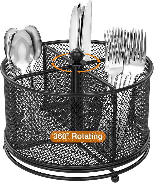 360° Rotating Metal Utensil Caddy, 4 Compartment Silverware Cutlery Holder, Effortless Access Fork Spoon, Silverware Holder for Party Countertop Buffet Picnic Camping Outdoor (Black)