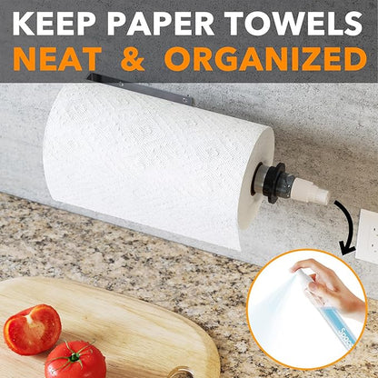 SpaceAid SprayNeat Paper Towel Holder with Spray Bottle, Under Cabinet Paper Towels Holders with Sprayer Inside Center, Hanging Wall Mount Papertowels Roller for Kitchen and Bathroom (Silver)