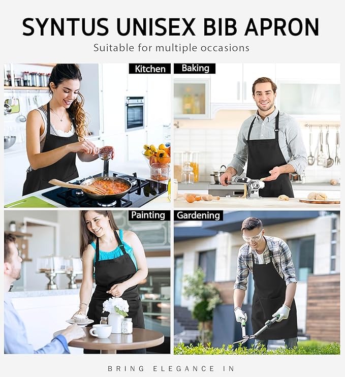Syntus 12 Pack Bib Apron, Unisex Aprons Adjustable 100% Cotton with 2 Pockets Cooking Kitchen Aprons for Women Men Chef, BBQ Drawing Apron Bulk, Black - Image 7