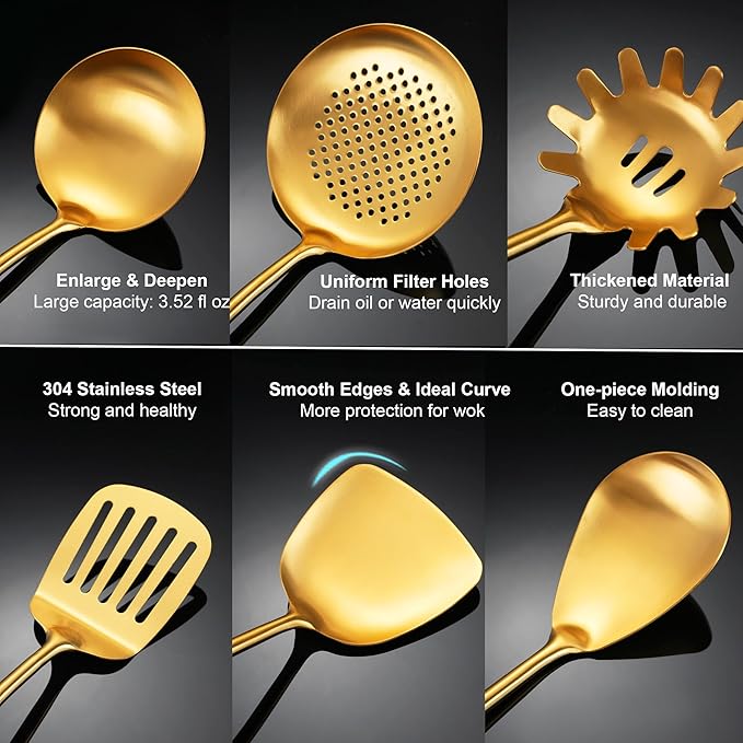 Gold Kitchen Utensils Set, 9 PCS Stainless Steel Cooking Utensils with Wood Handle, Solid and Slotted Spoon, Fork, Spatula, Ladle, Skimmer, Slotted Tunner, Spaghetti and Large Spoon - Image 3