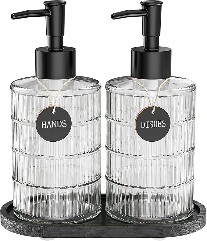 MASADI Soap Dispenser Set with Bamboo Tray, Dish and Hand Soap Lotion Dispenser Set with Wooden Pump for Kitchen and Bathroom Decor for Counter, Modern Vintage Liquid Soap Dispensers (Clear&Black) by masadi