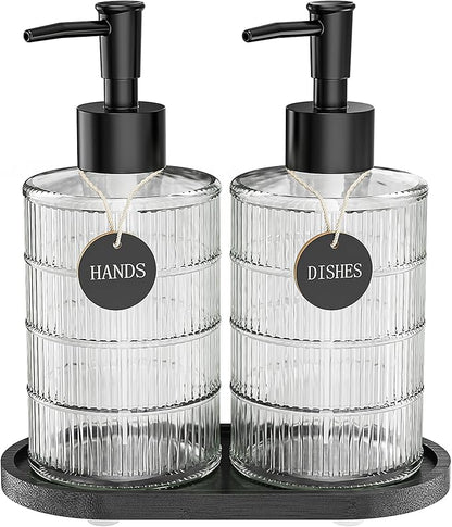 MASADI Soap Dispenser Set with Bamboo Tray, Dish and Hand Soap Lotion Dispenser Set with Wooden Pump for Kitchen and Bathroom Decor for Counter, Modern Vintage Liquid Soap Dispensers (Clear&Black) by masadi