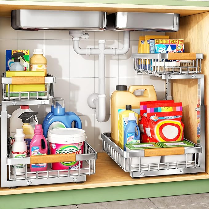 Under Sink Organizer, Stainless Steel 2 Packs 2 Tier Under Sink Organizers and Storage, Slide out Pull out Cabinet Shelf, Sliding Drawer for Kitchen Bathroom Pantry Cabinet Closet Organization Rack by Kitstorack