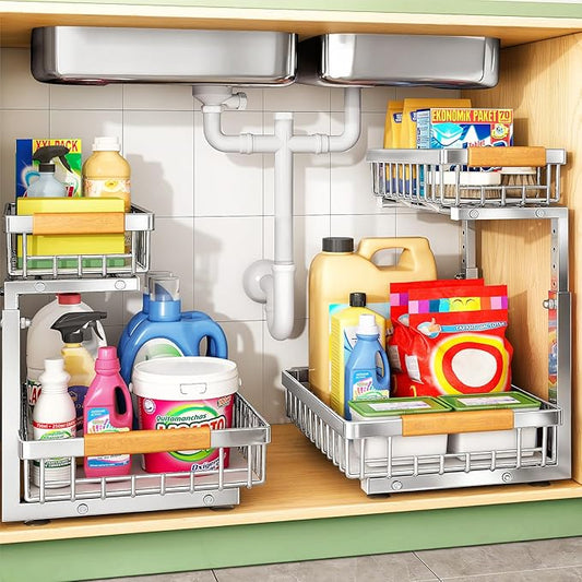 Under Sink Organizer, Stainless Steel 2 Packs 2 Tier Under Sink Organizers and Storage, Slide out Pull out Cabinet Shelf, Sliding Drawer for Kitchen Bathroom Pantry Cabinet Closet Organization Rack by Kitstorack