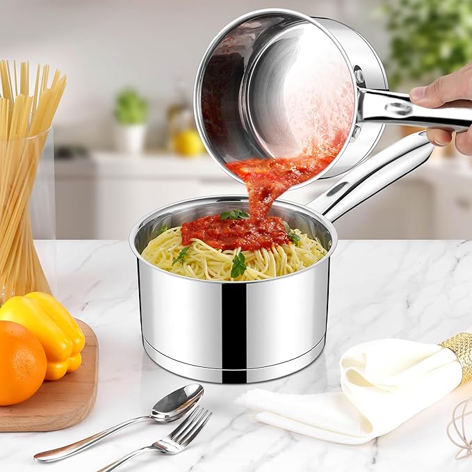 LIANYU Stainless Steel Saucepan Set of 2, 2QT & 3QT Sauce Pan with Tempered Glass Lid, Tri-Ply Bottom Small Cooking Pot, Oven & Dishwasher Safe