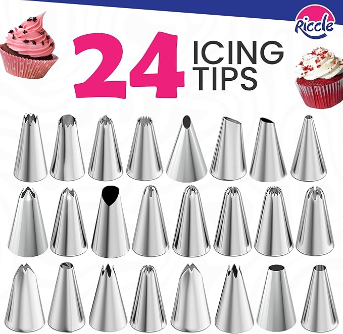 Riccle 88 pcs Cake Decorating Kit with Pink Cake Turntable - Includes 50 Disposable + 2 Reusable Piping Bags and Tips Set, 24 Icing Piping Tips, 2 Spatulas, 3 Icing Comb Scraper, Baking Supplies - Image 8