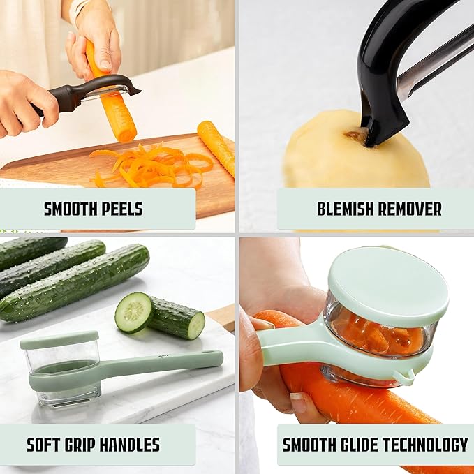 3-Pack Swivel Vegetable Peeler + Fruit Peeler with Container & Cleaning Brush, Ultra Sharp Stainless Steel Blades, Ergonomic Soft Grip Handle, Multi-Function Tool for Potato, Carrot, Apple, Cucumber